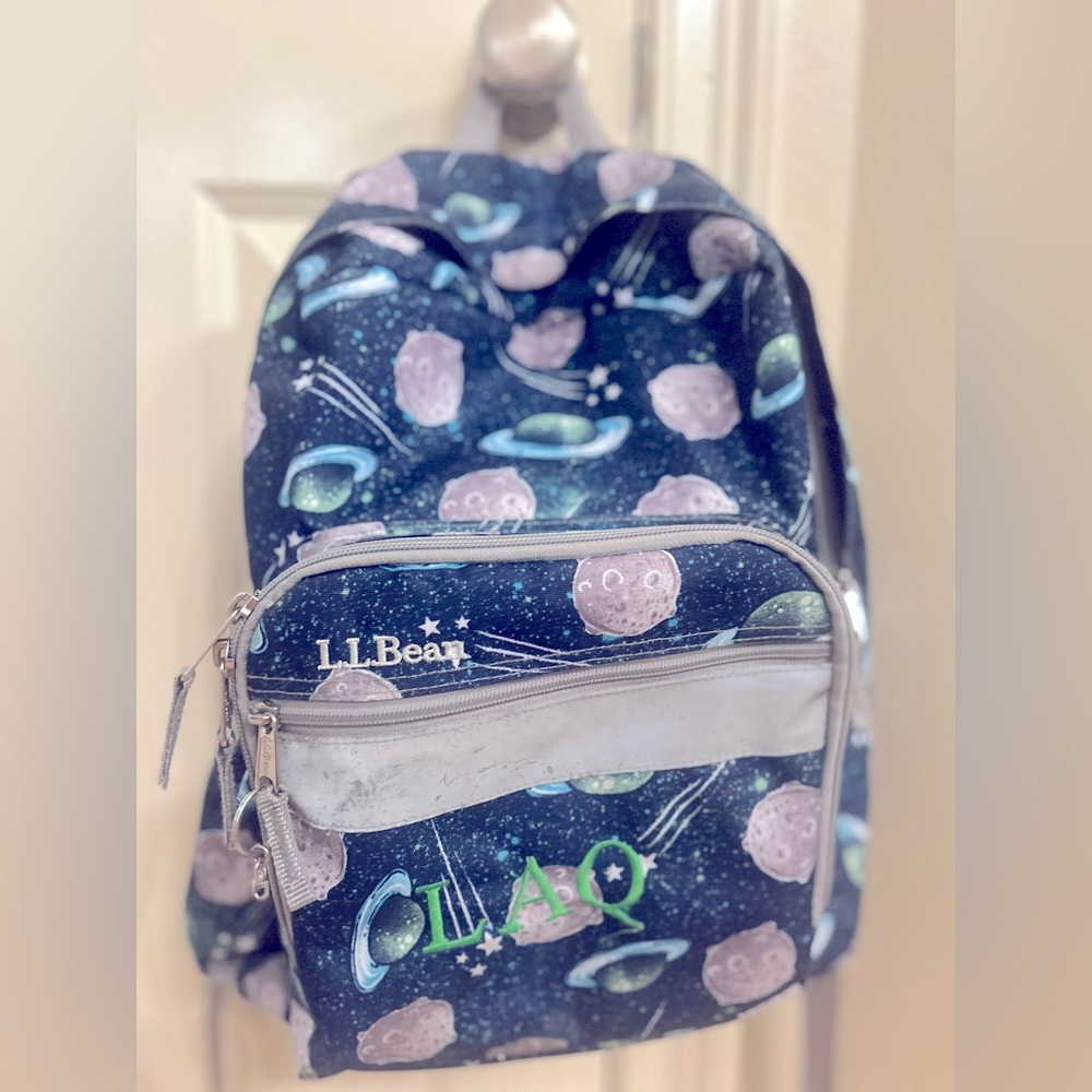 Used LL Bean Original Bookbag III, Print Night Space and matching lunchbox